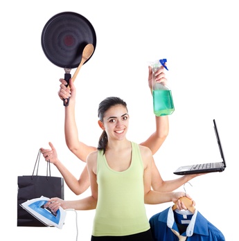 Active young woman with six hands representing multitasking machine.